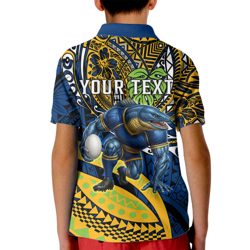Personalised Parramatta Eels Kid Polo Shirt Polynesian Tribal Art Style With Muscular Eel Mascot