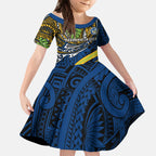 Personalised Parramatta Eels Kid Short Sleeve Dress Polynesian Tribal Art Style With Muscular Eel Mascot