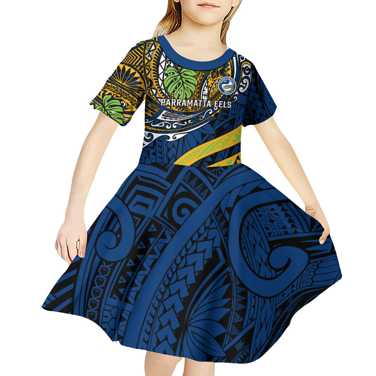 Personalised Parramatta Eels Kid Short Sleeve Dress Polynesian Tribal Art Style With Muscular Eel Mascot