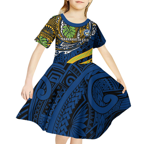 Personalised Parramatta Eels Kid Short Sleeve Dress Polynesian Tribal Art Style With Muscular Eel Mascot