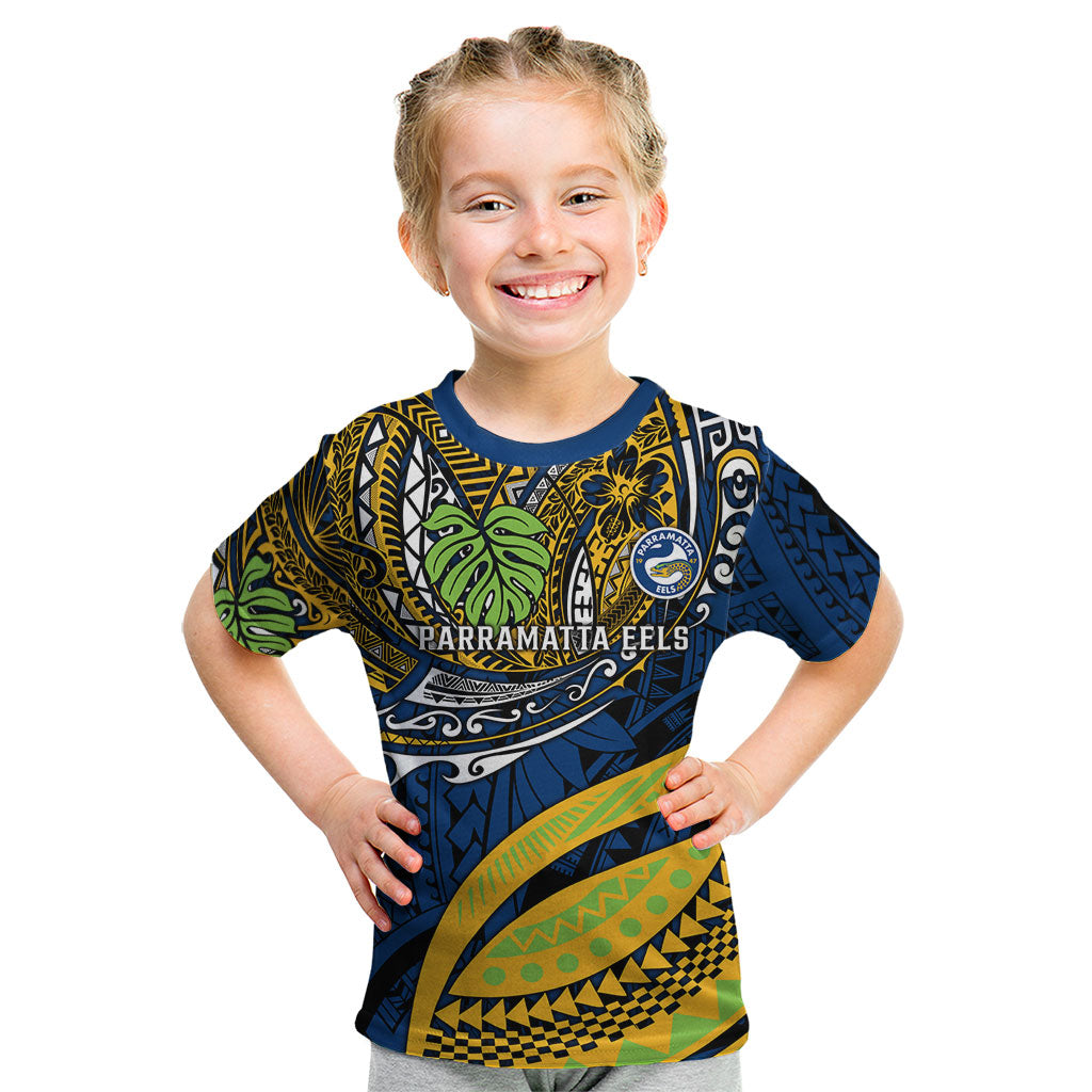 Personalised Parramatta Eels Kid T Shirt Polynesian Tribal Art Style With Muscular Eel Mascot