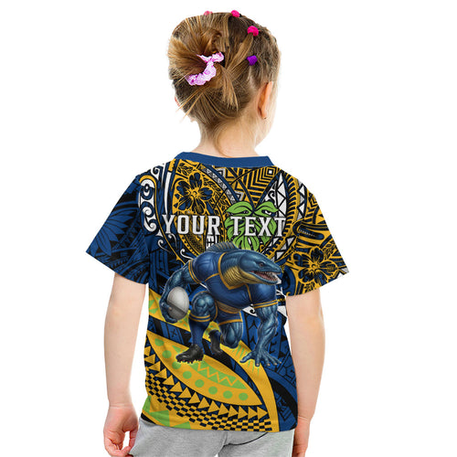 Personalised Parramatta Eels Kid T Shirt Polynesian Tribal Art Style With Muscular Eel Mascot