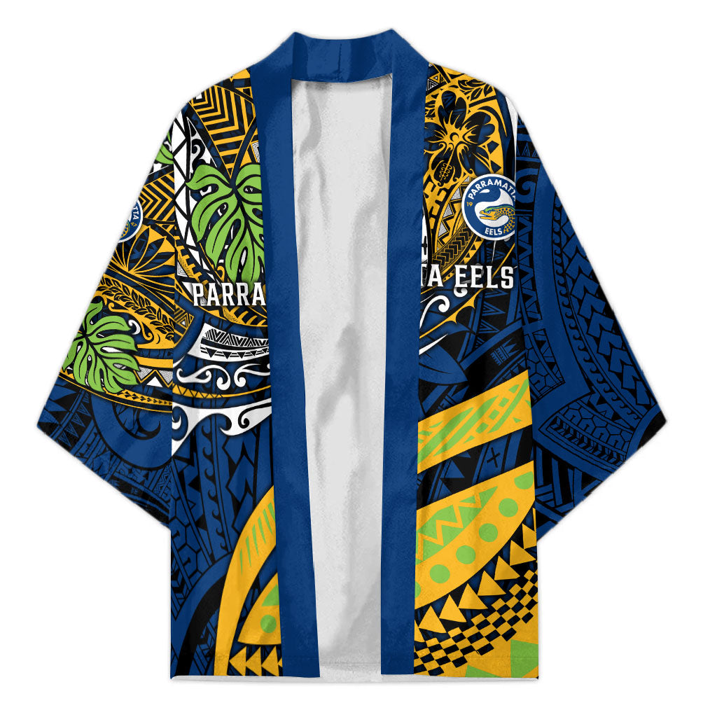 Personalised Parramatta Eels Kimono Polynesian Tribal Art Style With Muscular Eel Mascot