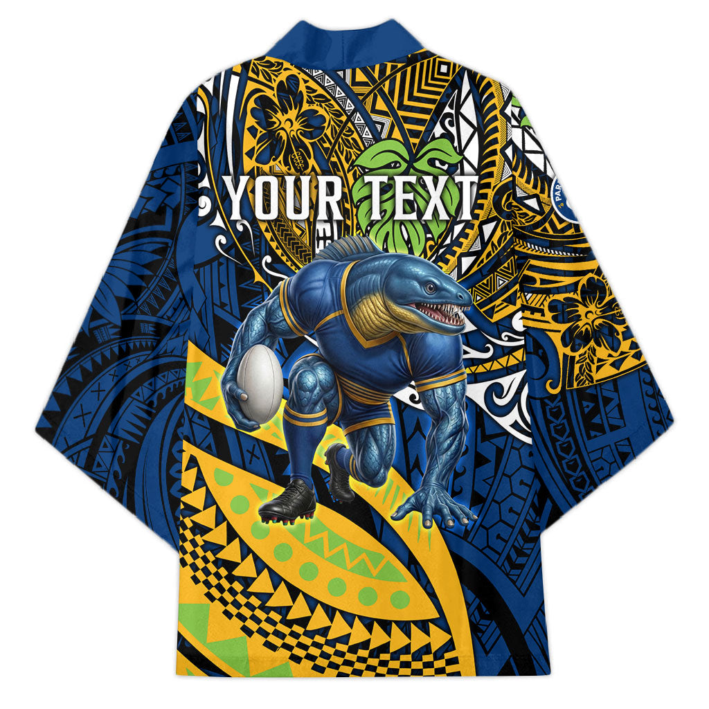 Personalised Parramatta Eels Kimono Polynesian Tribal Art Style With Muscular Eel Mascot
