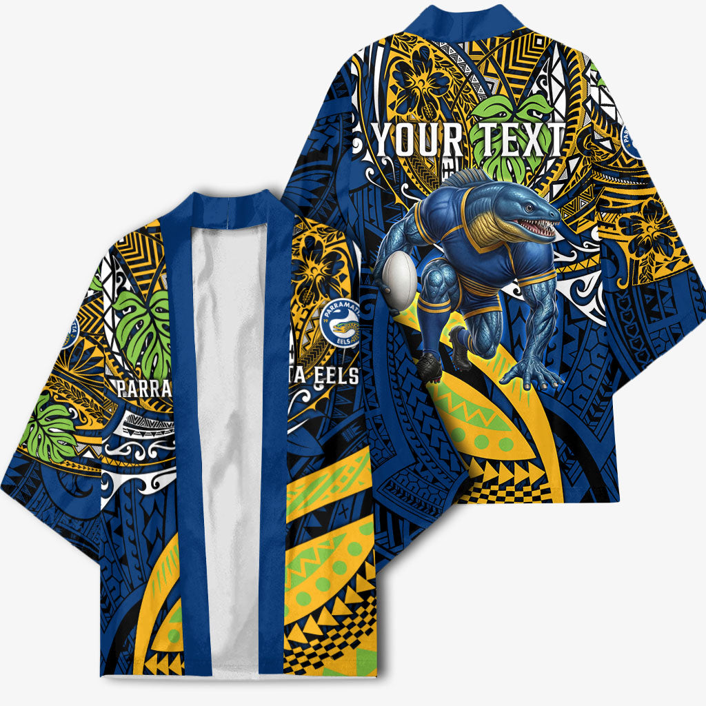 Personalised Parramatta Eels Kimono Polynesian Tribal Art Style With Muscular Eel Mascot