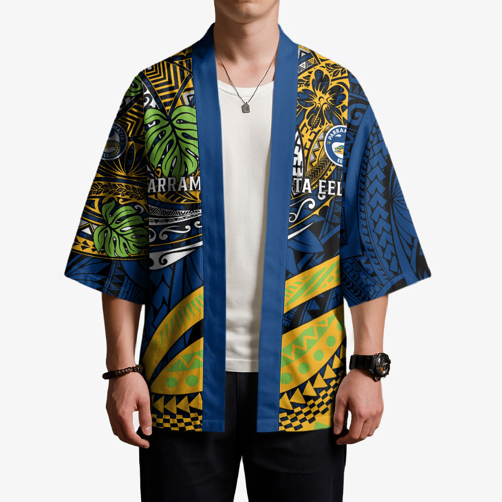 Personalised Parramatta Eels Kimono Polynesian Tribal Art Style With Muscular Eel Mascot