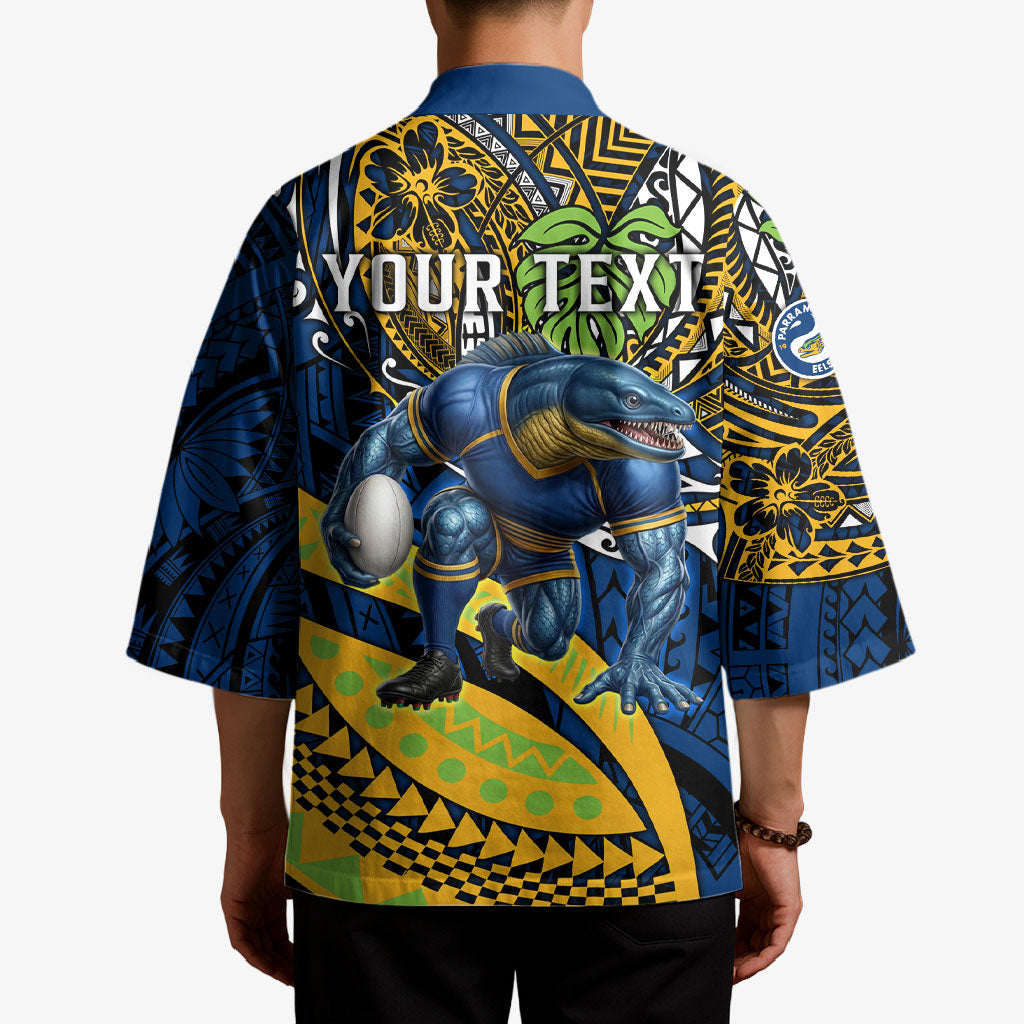 Personalised Parramatta Eels Kimono Polynesian Tribal Art Style With Muscular Eel Mascot
