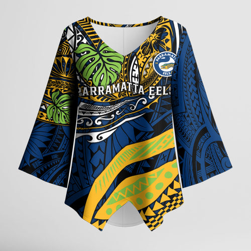 Personalised Parramatta Eels Kimono Sleeve Blouse Polynesian Tribal Art Style With Muscular Eel Mascot
