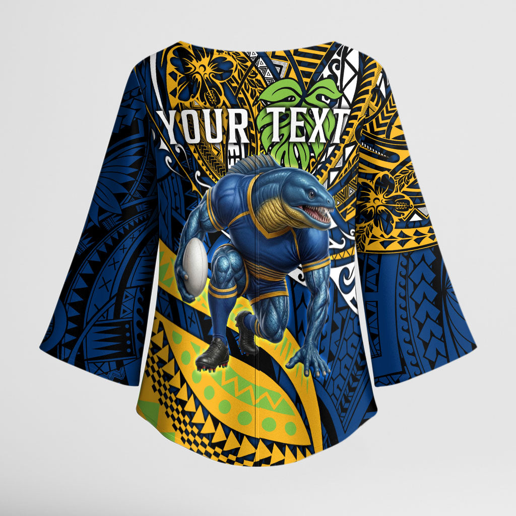 Personalised Parramatta Eels Kimono Sleeve Blouse Polynesian Tribal Art Style With Muscular Eel Mascot
