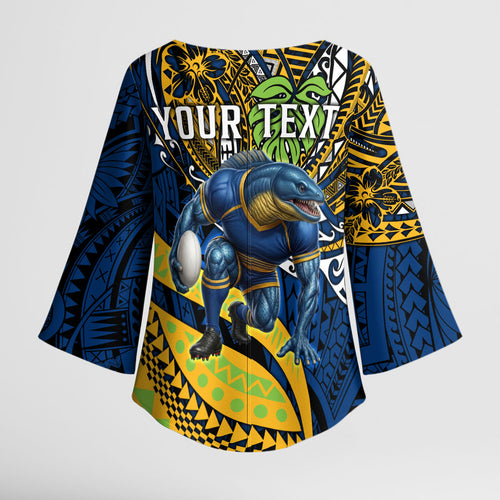 Personalised Parramatta Eels Kimono Sleeve Blouse Polynesian Tribal Art Style With Muscular Eel Mascot