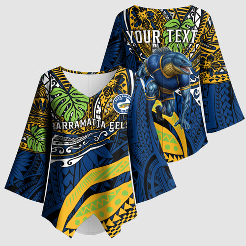 Personalised Parramatta Eels Kimono Sleeve Blouse Polynesian Tribal Art Style With Muscular Eel Mascot