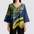 Personalised Parramatta Eels Kimono Sleeve Blouse Polynesian Tribal Art Style With Muscular Eel Mascot