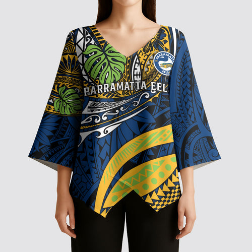 Personalised Parramatta Eels Kimono Sleeve Blouse Polynesian Tribal Art Style With Muscular Eel Mascot
