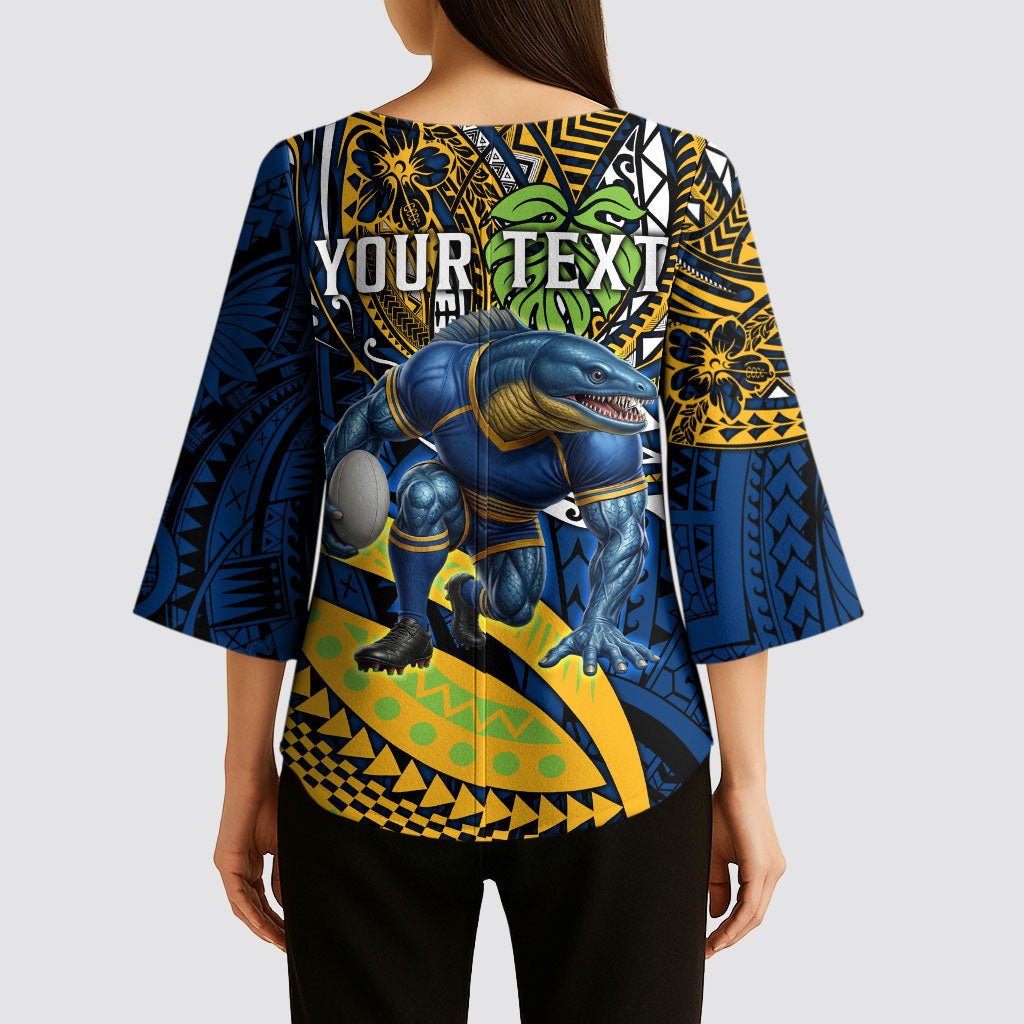 Personalised Parramatta Eels Kimono Sleeve Blouse Polynesian Tribal Art Style With Muscular Eel Mascot