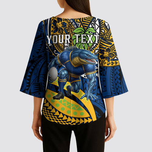 Personalised Parramatta Eels Kimono Sleeve Blouse Polynesian Tribal Art Style With Muscular Eel Mascot
