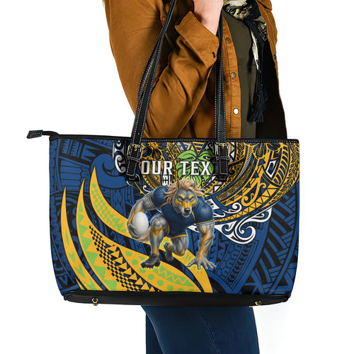 Personalised Parramatta Eels Leather Tote Bag Polynesian Tribal Art Style With Muscular Eel Mascot