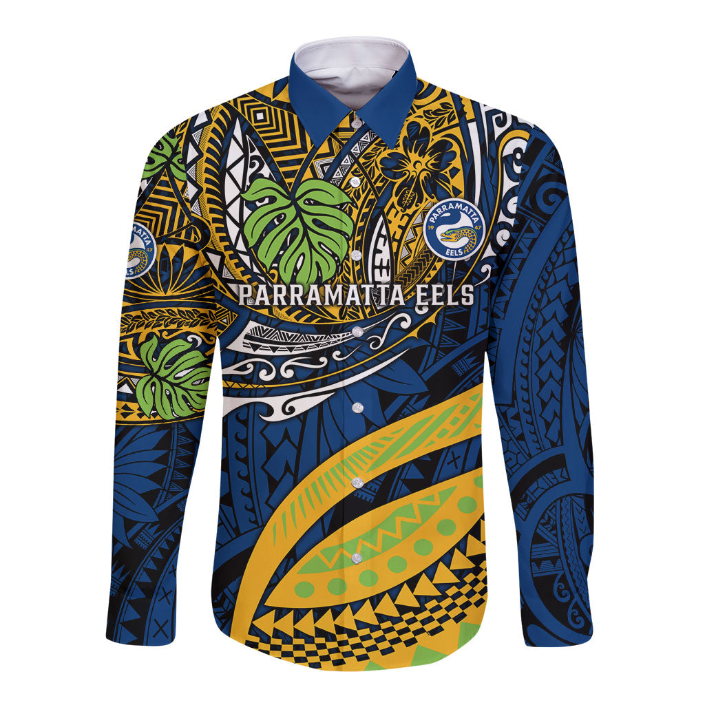 Personalised Parramatta Eels Long Sleeve Button Shirt Polynesian Tribal Art Style With Muscular Eel Mascot