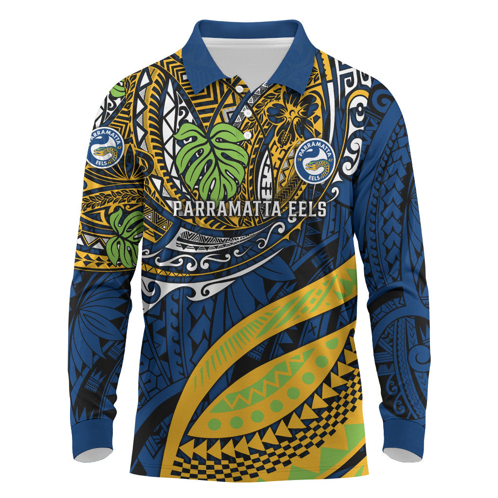 Personalised Parramatta Eels Long Sleeve Polo Shirt Polynesian Tribal Art Style With Muscular Eel Mascot