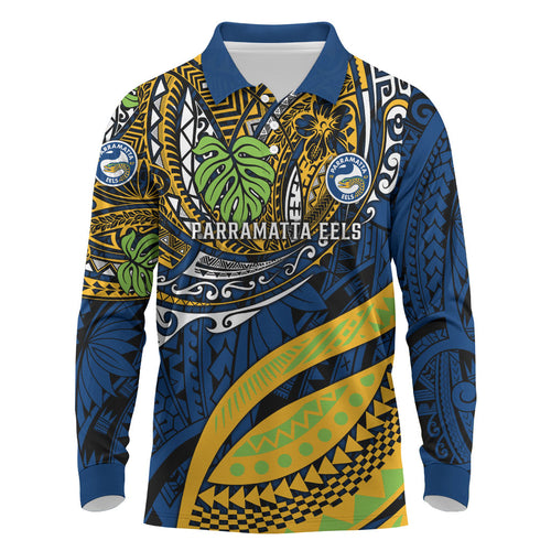Personalised Parramatta Eels Long Sleeve Polo Shirt Polynesian Tribal Art Style With Muscular Eel Mascot