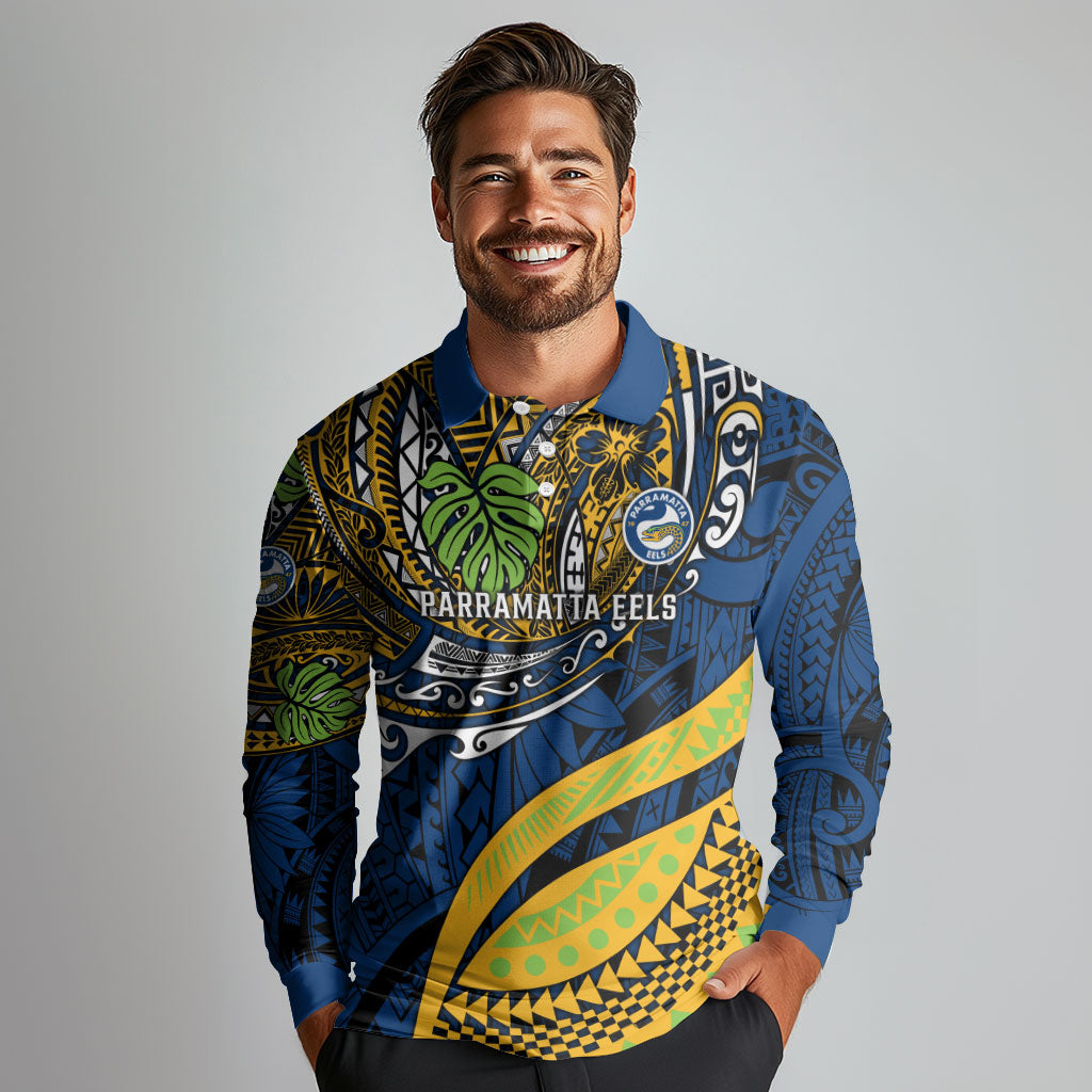 Personalised Parramatta Eels Long Sleeve Polo Shirt Polynesian Tribal Art Style With Muscular Eel Mascot
