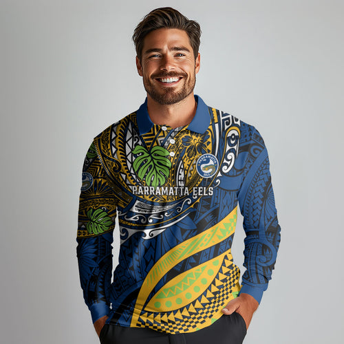 Personalised Parramatta Eels Long Sleeve Polo Shirt Polynesian Tribal Art Style With Muscular Eel Mascot