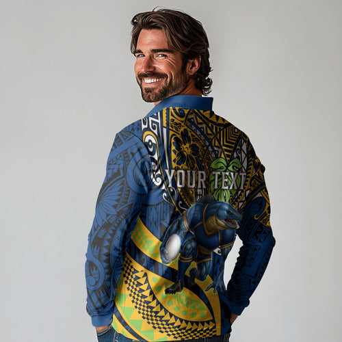 Personalised Parramatta Eels Long Sleeve Polo Shirt Polynesian Tribal Art Style With Muscular Eel Mascot