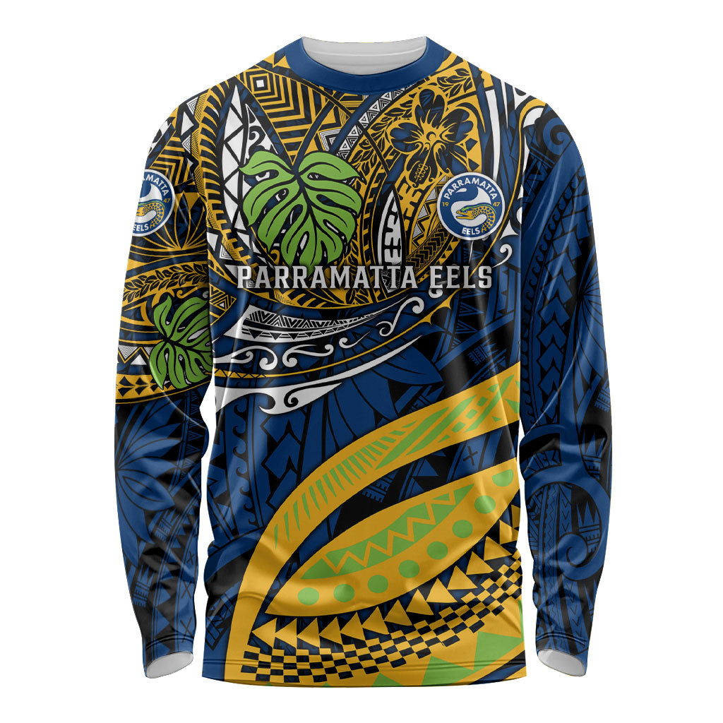 Personalised Parramatta Eels Long Sleeve Shirt Polynesian Tribal Art Style With Muscular Eel Mascot