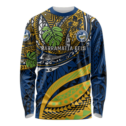 Personalised Parramatta Eels Long Sleeve Shirt Polynesian Tribal Art Style With Muscular Eel Mascot