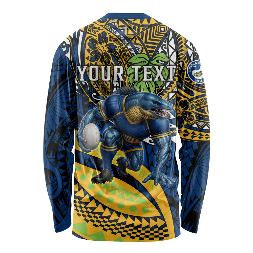 Personalised Parramatta Eels Long Sleeve Shirt Polynesian Tribal Art Style With Muscular Eel Mascot