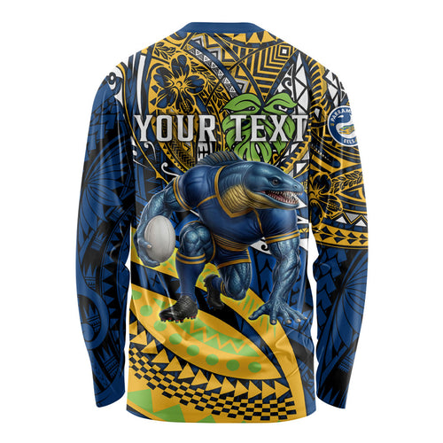 Personalised Parramatta Eels Long Sleeve Shirt Polynesian Tribal Art Style With Muscular Eel Mascot