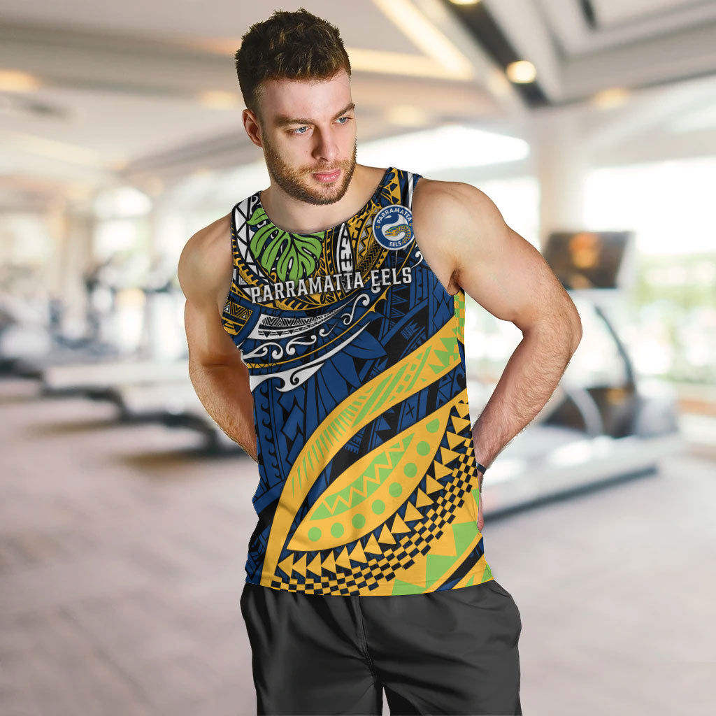 Personalised Parramatta Eels Men Tank Top Polynesian Tribal Art Style With Muscular Eel Mascot
