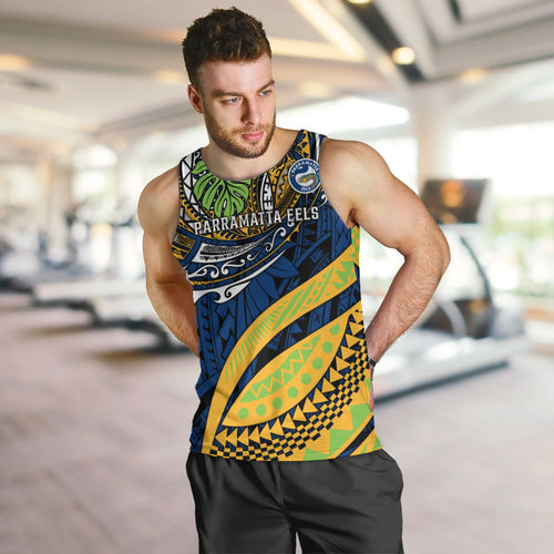 Personalised Parramatta Eels Men Tank Top Polynesian Tribal Art Style With Muscular Eel Mascot