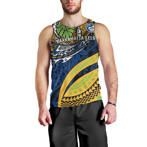 Personalised Parramatta Eels Men Tank Top Polynesian Tribal Art Style With Muscular Eel Mascot