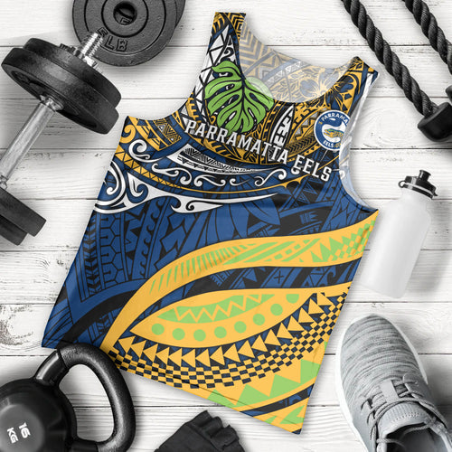 Personalised Parramatta Eels Men Tank Top Polynesian Tribal Art Style With Muscular Eel Mascot
