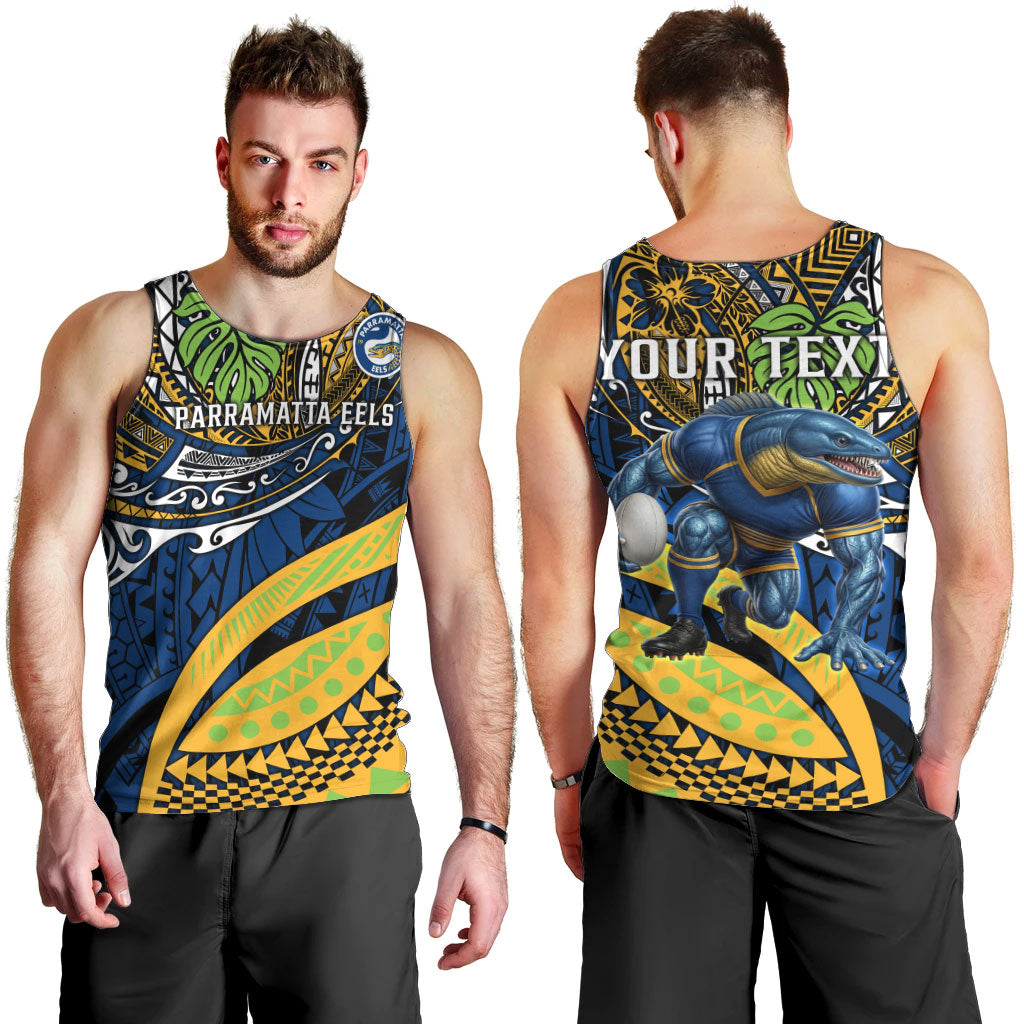 Personalised Parramatta Eels Men Tank Top Polynesian Tribal Art Style With Muscular Eel Mascot