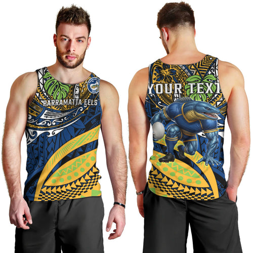 Personalised Parramatta Eels Men Tank Top Polynesian Tribal Art Style With Muscular Eel Mascot