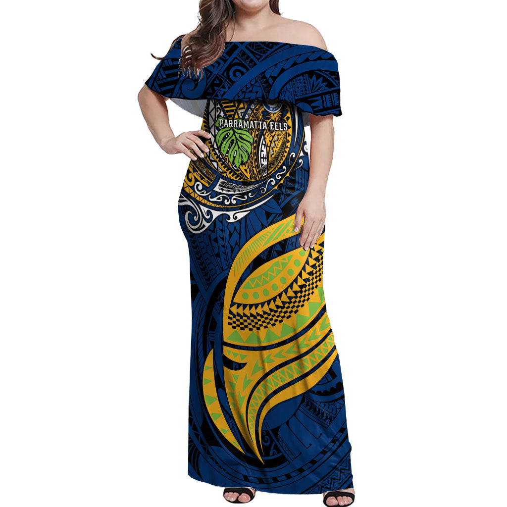 Personalised Parramatta Eels Off Shoulder Maxi Dress Polynesian Tribal Art Style With Muscular Eel Mascot