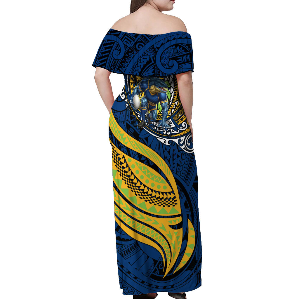Personalised Parramatta Eels Off Shoulder Maxi Dress Polynesian Tribal Art Style With Muscular Eel Mascot