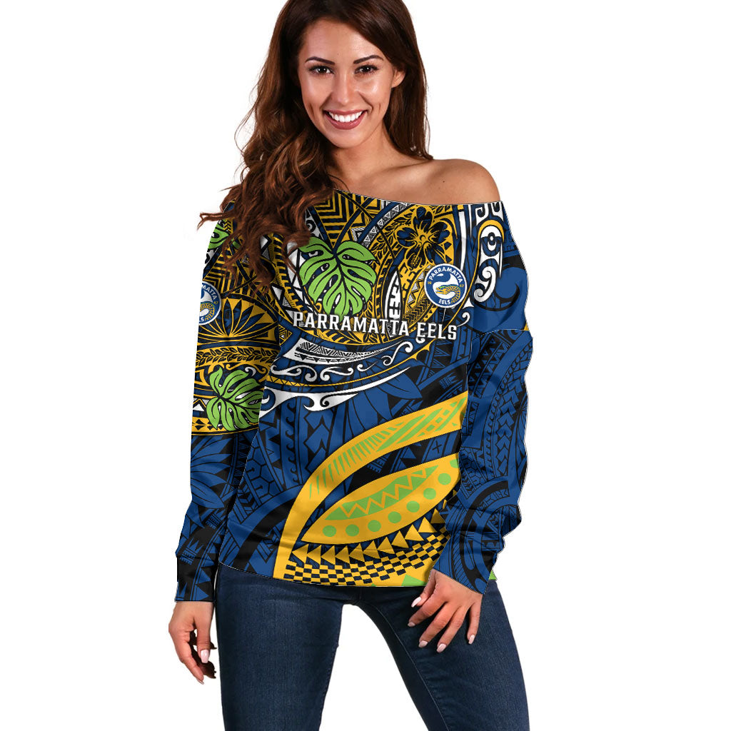 Personalised Parramatta Eels Off Shoulder Sweater Polynesian Tribal Art Style With Muscular Eel Mascot