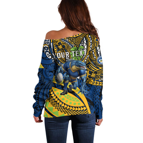 Personalised Parramatta Eels Off Shoulder Sweater Polynesian Tribal Art Style With Muscular Eel Mascot
