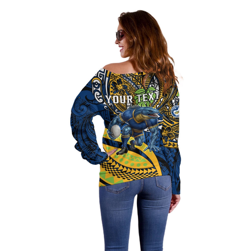 Personalised Parramatta Eels Off Shoulder Sweater Polynesian Tribal Art Style With Muscular Eel Mascot