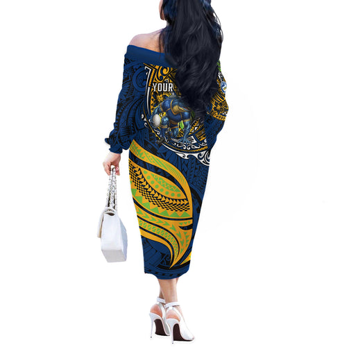Personalised Parramatta Eels Off The Shoulder Long Sleeve Dress Polynesian Tribal Art Style With Muscular Eel Mascot