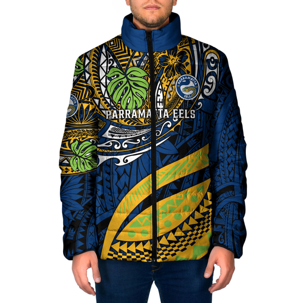 Personalised Parramatta Eels Padded Jacket Polynesian Tribal Art Style With Muscular Eel Mascot