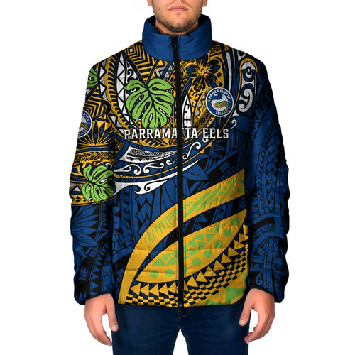 Personalised Parramatta Eels Padded Jacket Polynesian Tribal Art Style With Muscular Eel Mascot