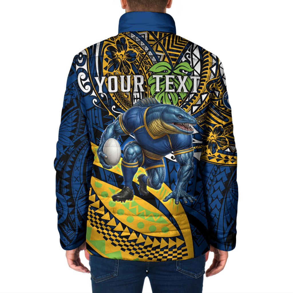 Personalised Parramatta Eels Padded Jacket Polynesian Tribal Art Style With Muscular Eel Mascot