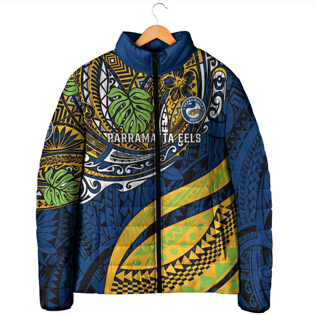 Personalised Parramatta Eels Padded Jacket Polynesian Tribal Art Style With Muscular Eel Mascot