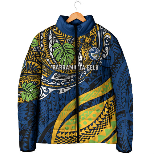 Personalised Parramatta Eels Padded Jacket Polynesian Tribal Art Style With Muscular Eel Mascot