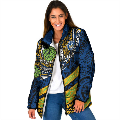 Personalised Parramatta Eels Padded Jacket Polynesian Tribal Art Style With Muscular Eel Mascot