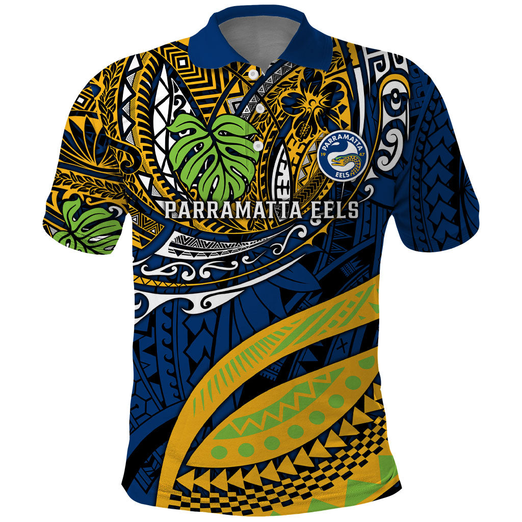 Personalised Parramatta Eels Polo Shirt Polynesian Tribal Art Style With Muscular Eel Mascot