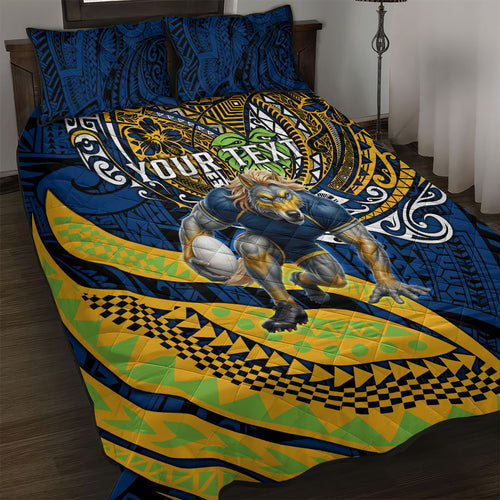 Personalised Parramatta Eels Quilt Bed Set Polynesian Tribal Art Style With Muscular Eel Mascot